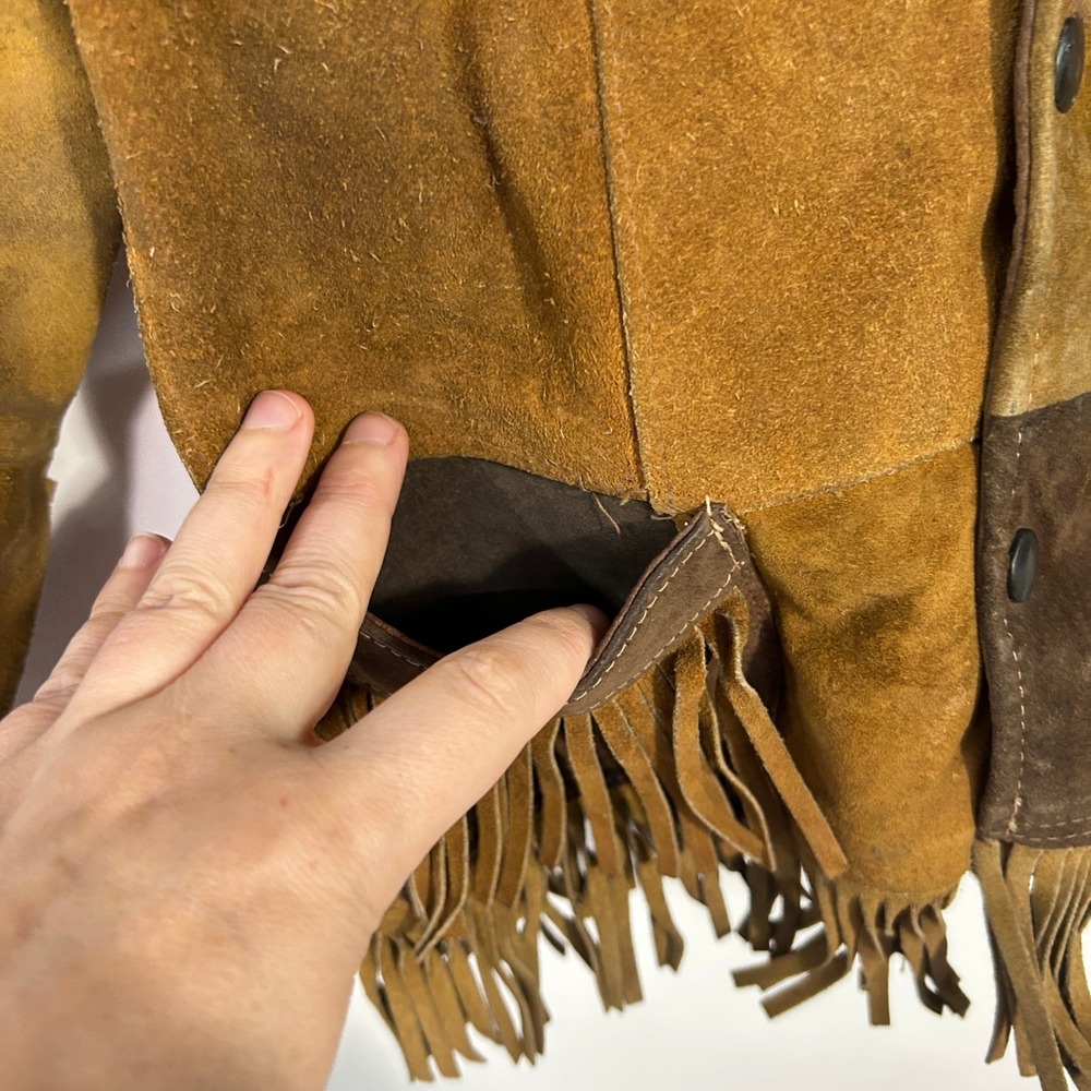 Suede‎ Fringe Patchwork Jacket Youth 10 Brown Western Boho Folkcore 70s Leather - Picture 2 of 9
